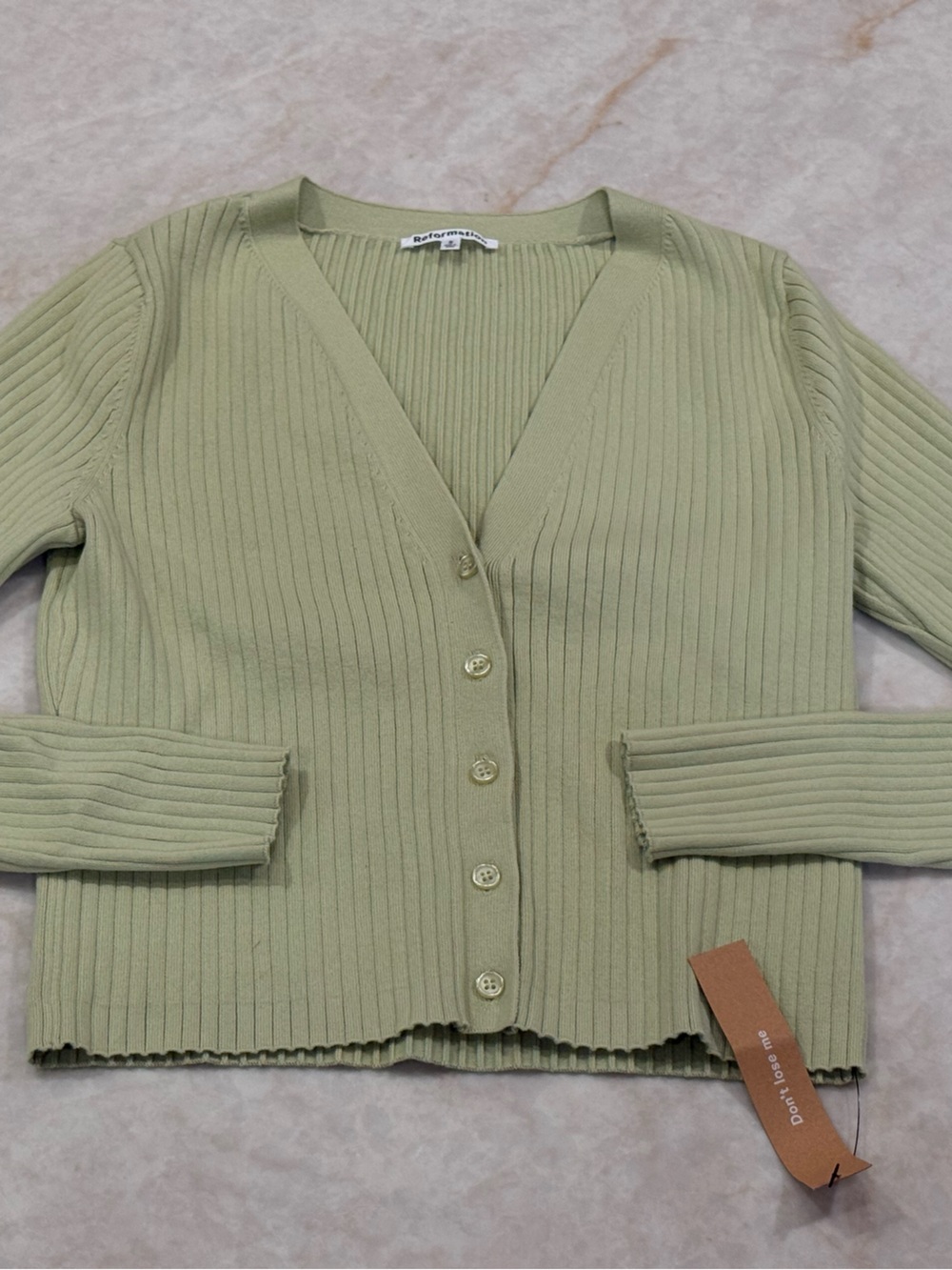 Reformation Ribbed V-Neck Button Cardigan - Light Sage